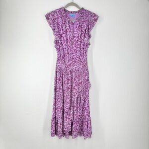 Draper James Purple Floral V-Neck Ruffle Midi Dress Women’s Size Small